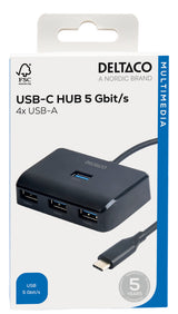 Deltaco USB-C hub med 4 USB-A porte, 5 Gbit/s, ekstra strømindgang, sort