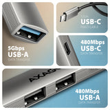 Axagon HUB USB HUE-STC, 4x USB ALU STRIP hub, 1x USB-A 5Gbps, 2x USB-A & 1x USB-C 480Mbps, kabel USB-C 12cm USB 3.2 Gen 1 (3.1 Gen 1) Type-C 5 Mbit/s Grå