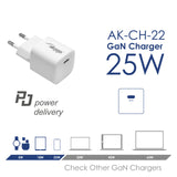 Akyga AK-CH-22 USB-Ladegerät 25 W Ausgangsstrom max. 3 A USB-C Universel, Tablet, Telefon, SmartWatch, Mobiltelefon Hvid Vekselstrøm Hurtig opladning Automatisk