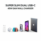 Deltaco USB-C wall charger 45 W, 2x USB-C PD, slim, tot 45 W, white
