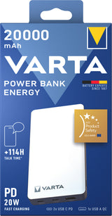 Varta Energy 20000 Lithium polymer (LiPo) 20000 mAh Sort, Hvid
