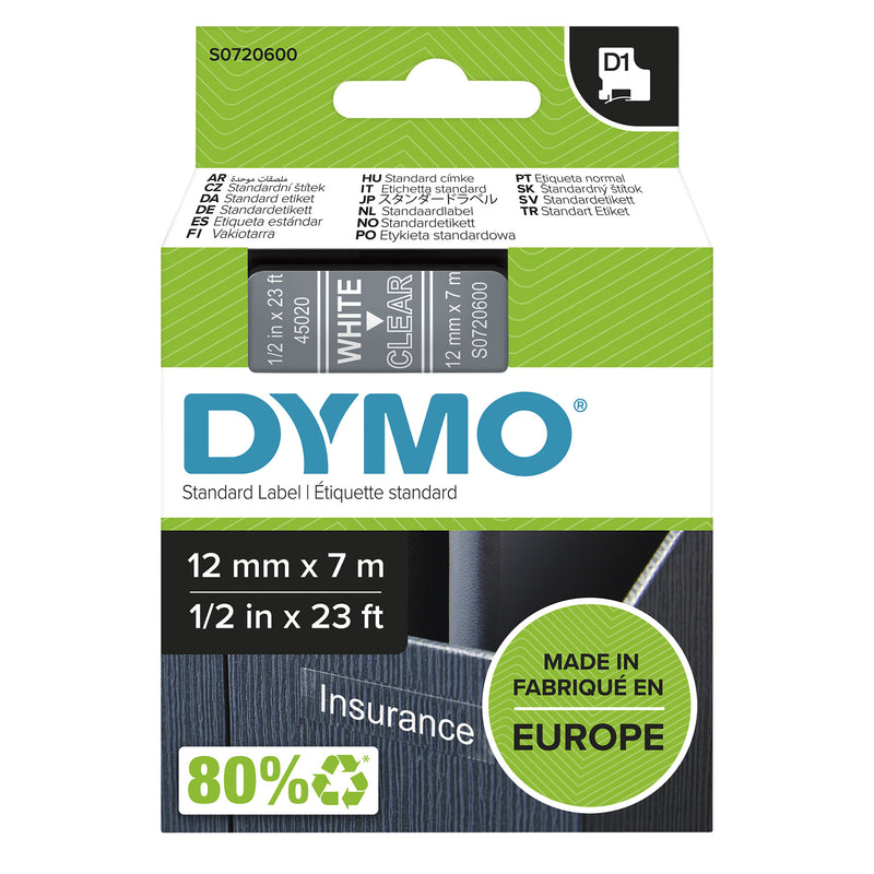 DYMO Ægte D1-etiketter | Hvid tekst på klar tape | 12 mm x 7 m | Selvklæbende etiketter til LabelManager-mærkemaskiner | Fremstillet i Europa