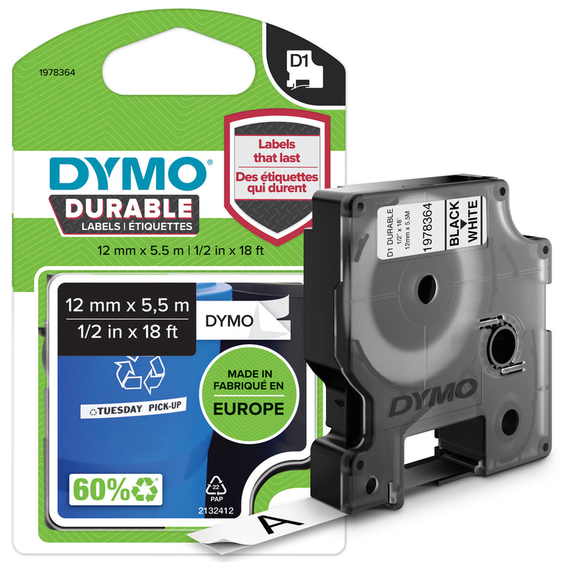 DYMO Ægte D1 Holdbare Etiketter | Sort tekst på hvid tape | 12 mm x 5,5 m | Højtydende etikettape til LabelManager-etiketmaskiner