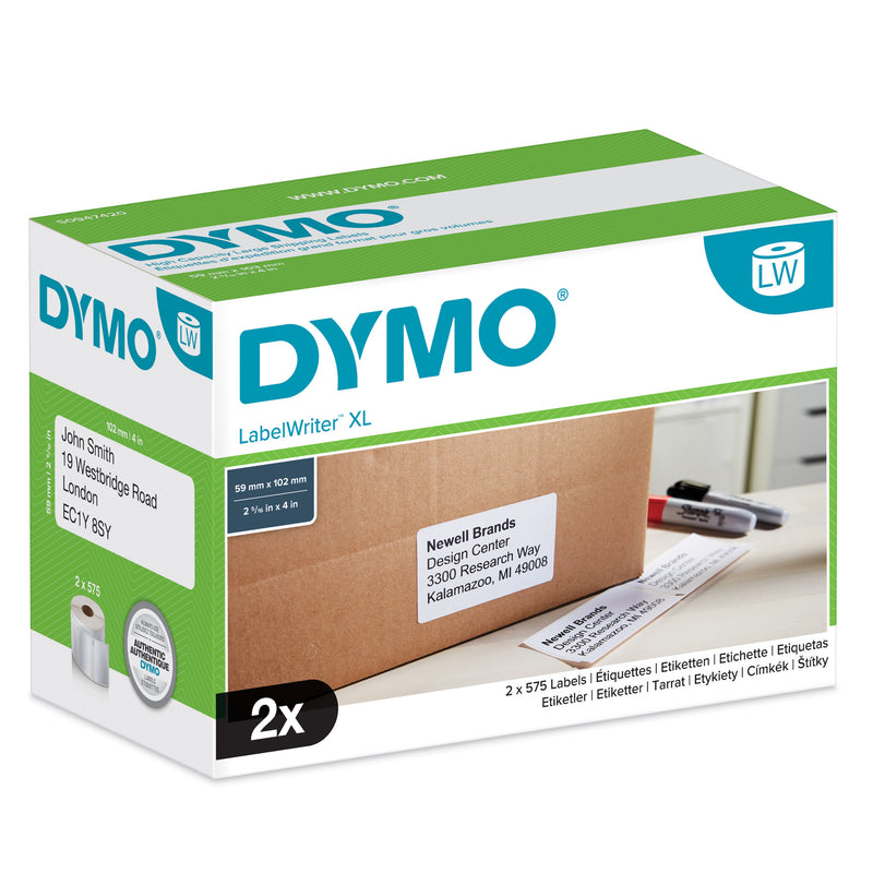 DYMO Ægte LabelWriter Højkapacitets Fragtetiketter | (59 mm x 102 mm) | 2 ruller med 575 let-aftrækkelige etiketter (1.150 adresseetiketter) | Selvklæbende | til LabelWriter 4XL/5XL etiketprintere