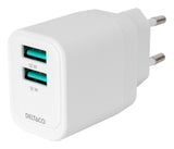 Deltaco USB-vægoplader, 2x USB-A, 12 W per port, maks. samlet output 12 W, hvid