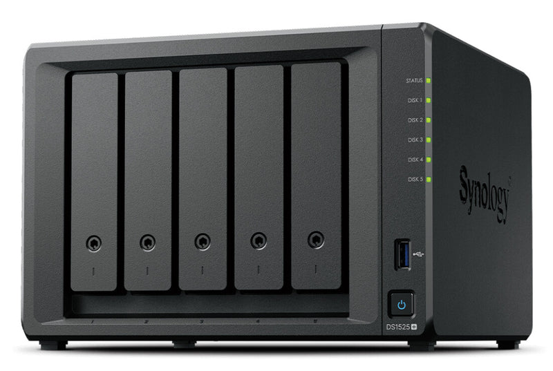 Synology DiskStation DS1525+ NAS & lagringsserver Ryzen Embedded V1500B 8 GB DDR4 0 TB Sort