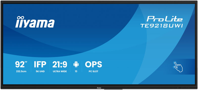 iiyama TE9218UWI-B1AG skilte display Kiosk design 2,32 m (91.5") LED Wi-Fi 500 cd/m² 5K Ultra HD Sort Berøringsskærm Indbygget processer Android 16/7