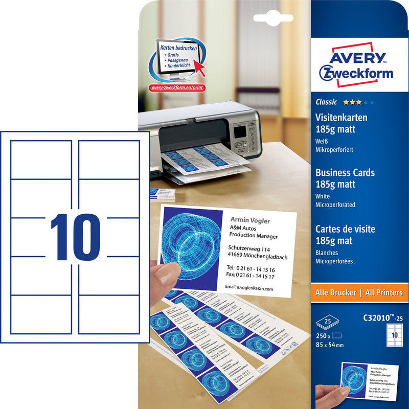 Avery C32010-25 visitkort Laser/inkjet Pap Hvid