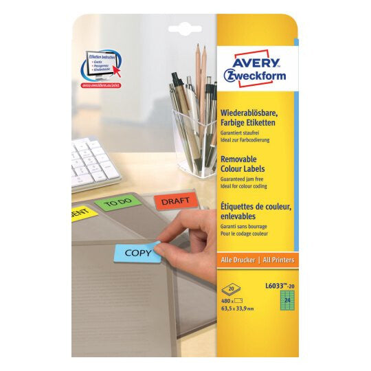 Avery L6033-20 selvklæbende etiket Afrundet rektangel Aftagelig Grøn 480 stk