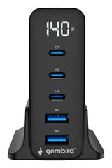 Gembird TA-UC-2A3C-PD140-01-BK oplader til mobil enhed Smartphone, Tablet, Laptop Sort Vekselstrøm Hurtig opladning Indendørs
