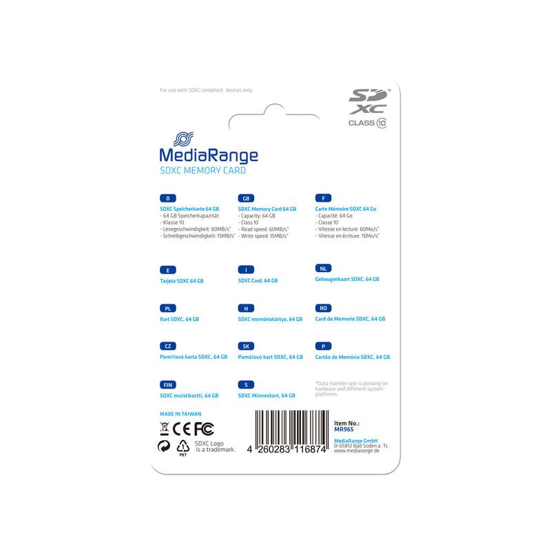 MediaRange MR965 hukommelseskort 64 GB SDXC Klasse 10