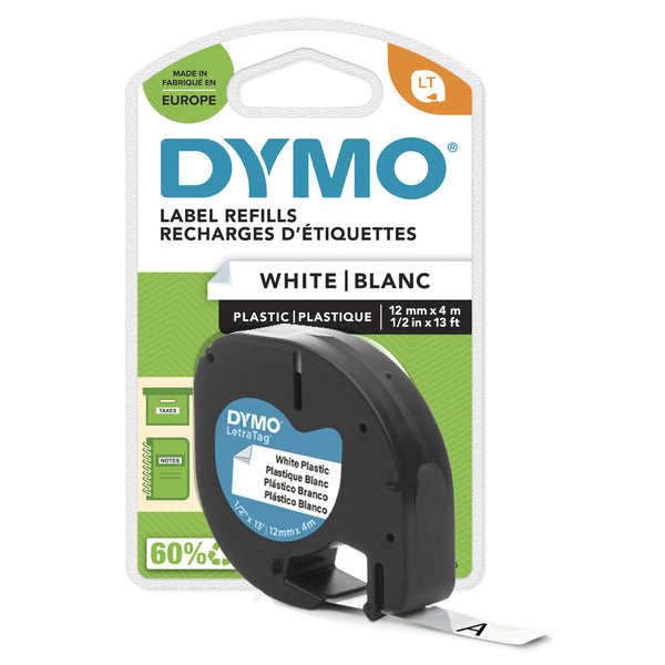 DYMO LetraTag Plastetiketter | Original | 12 mm x 4 m rulle | Sort tekst på hvide etiketter | Selvklæbende alsidige etiketter til LetraTag-etiketmaskiner | 1 stk.