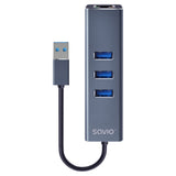 Savio AK-57 USB-A - 3 x USB-A HUB with RJ-45 Gigabit Ethernet adapter 5000 Mbit/s grey USB 3.2 Gen 1 (3.1 Gen 1) Micro-B Sort
