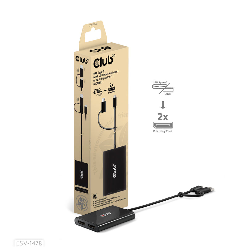 CLUB3D CSV-1478 video-splitter USB Type-C 2x DisplayPort