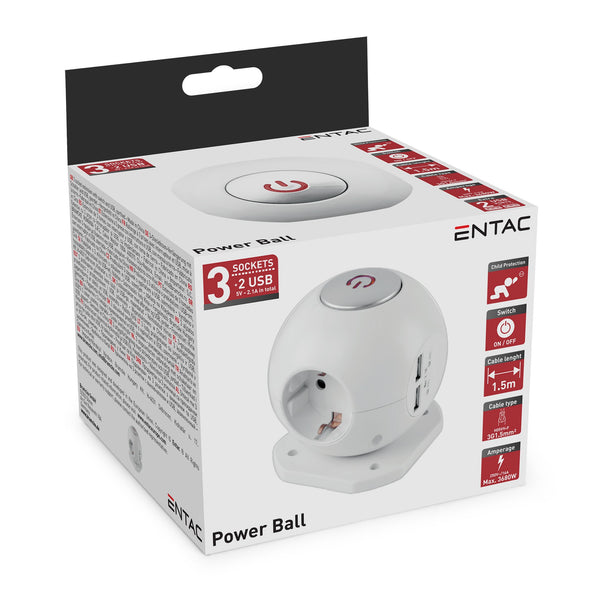 Entac ESC1.5G3-USB-GLOBE stikdåse 1,5 m 3 AC stikkontakt(er) Indendørs Hvid