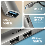 Axagon HUB USB HUE-STA, 4x USB ALU STRIP hub, 1x USB-A 5Gbps, 2x USB-A & 1x USB-C 480Mbps, kabel USB-A 12cm USB 3.2 Gen 1 (3.1 Gen 1) Type-A 5 Mbit/s Grå