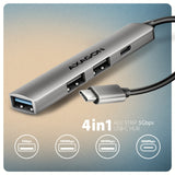 Axagon HUB USB HUE-STC, 4x USB ALU STRIP hub, 1x USB-A 5Gbps, 2x USB-A & 1x USB-C 480Mbps, kabel USB-C 12cm USB 3.2 Gen 1 (3.1 Gen 1) Type-C 5 Mbit/s Grå