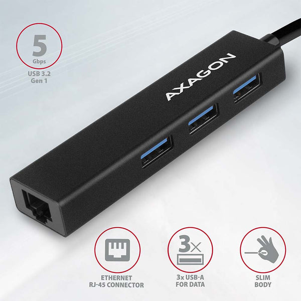Axagon HMA-GL3A Multiport-Hub USB 3.0 Typ A Gbit-LAN 3x USB-A microSD Ledningsført USB 3.2 Gen 1 (3.1 Gen 1) Type-A Sort