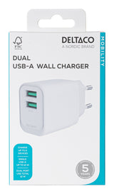 Deltaco USB-vægoplader, 2x USB-A, 12 W per port, maks. samlet output 12 W, hvid