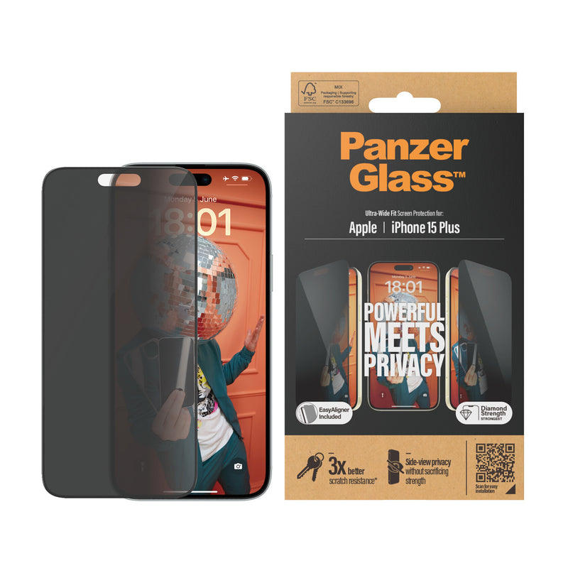PanzerGlass ® Privacy Skærmbeskyttelse iPhone 15 Plus | Ultra-Wide Fit m. EasyAligner