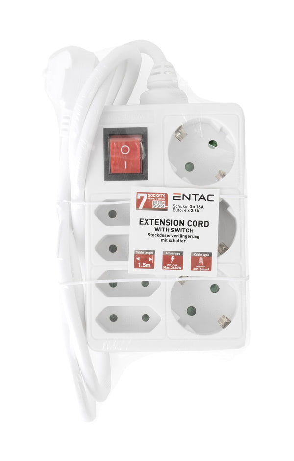 Entac ESE1.5G3X4-1.5-SW stikdåse 1,5 m 7 AC stikkontakt(er) Indendørs Hvid