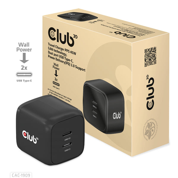 CLUB3D CAC-1909EU oplader til mobil enhed Mobiltelefon, Laptop, Smartphone Sort Vekselstrøm Indendørs