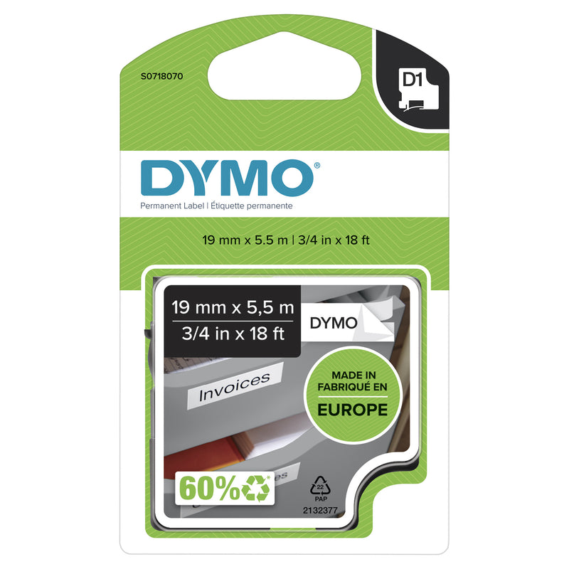 DYMO D1 Højtydende Permanente Polyesteretiketter | 19 mm x 5,5 m rulle | Sort tekst på hvid | Selvklæbende etiketter til LabelManager-etiketprintere | Ægte