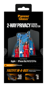 PanzerGlass ® 2-Way Privacy Skærmbeskyttelse iPhone 17e | 16e | 14 | 13 | 13 Pro | Ultra-Wide Fit m. Fastfit in-a-box