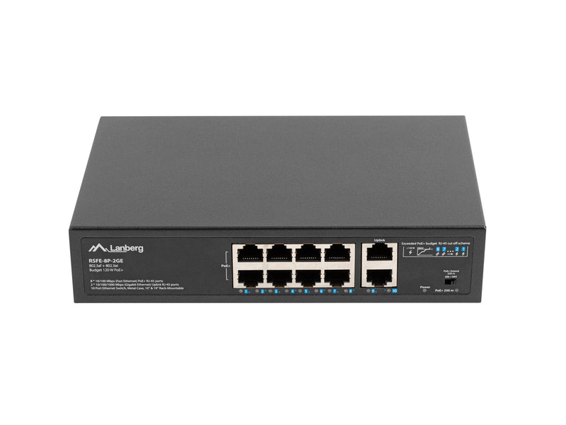 Lanberg RSFE-8P-2GE-120 netværksswitch Ikke administreret Gigabit Ethernet (10/100/1000) Strøm over Ethernet (PoE) 1U Sort