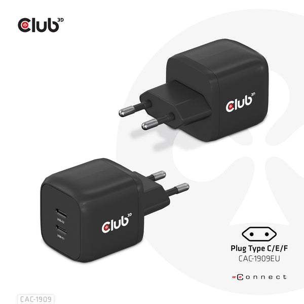 CLUB3D CAC-1909EU oplader til mobil enhed Mobiltelefon, Laptop, Smartphone Sort Vekselstrøm Indendørs