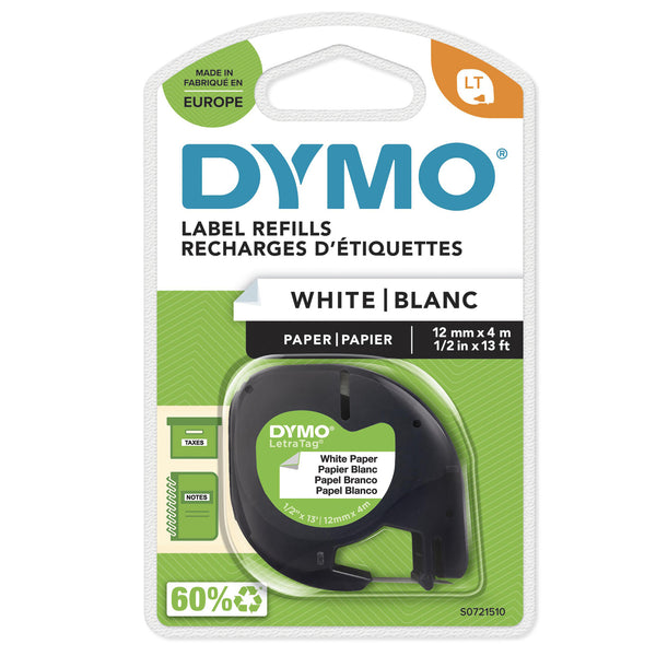 DYMO LetraTag Papiretiketter | Originale | 12 mm x 4 m rulle | Sort tekst på hvid | Selvklæbende multifunktionelle etiketter til LetraTag etiketmaskiner | Fremstillet i Europa