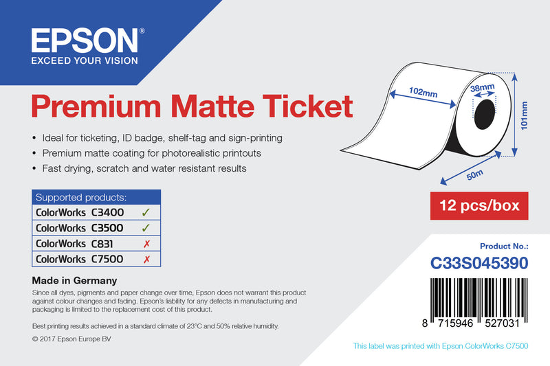 Epson Premium Matte Ticket Roll, 102 mm x 50 m