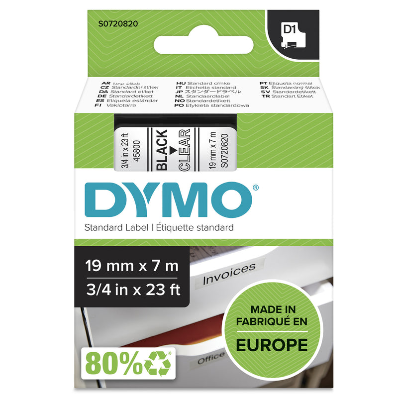 DYMO Ægte D1-etiketter | Sort tekst på gennemsigtig tape | 19 mm x 7 m | Selvklæbende etiketter til LabelManager-mærkemaskiner | Fremstillet i Europa