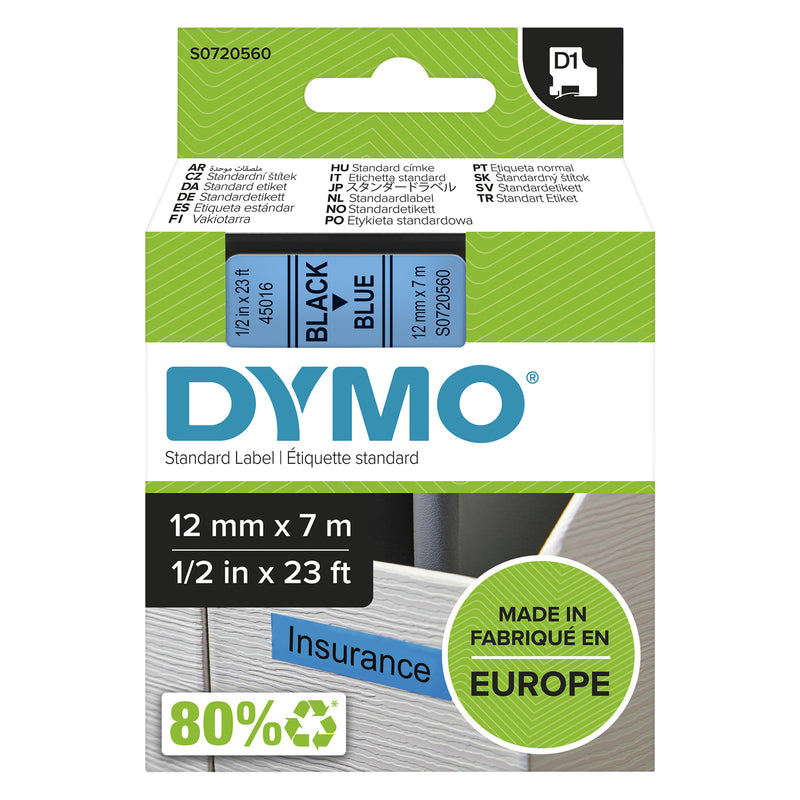 DYMO Ægte D1-etiketter | Sort tekst på blå tape | 12 mm x 7 m | Selvklæbende etiketter til LabelManager-mærkemaskiner | Fremstillet i Europa