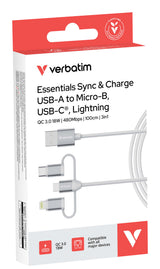 Verbatim 32394 USB-kabel USB 2.0 1 m USB A 2 x USB C/Micro USB-B/Lightning 0,48 Gbit/sek. 18 W Hvid