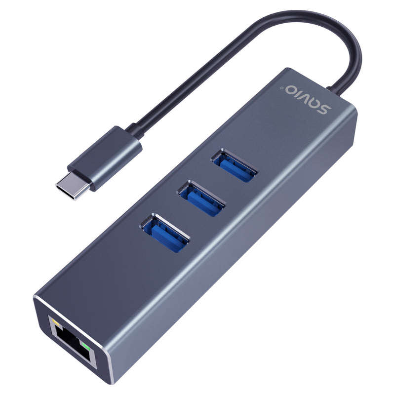 Savio AK-57 USB-C - 3 x USB-A HUB with RJ-45 Gigabit Ethernet adapter 5000 Mbit/s grey 2 x USB 3.2 Gen 2 (3.1 Gen 2) Type-C 1000 Mbit/s Grå