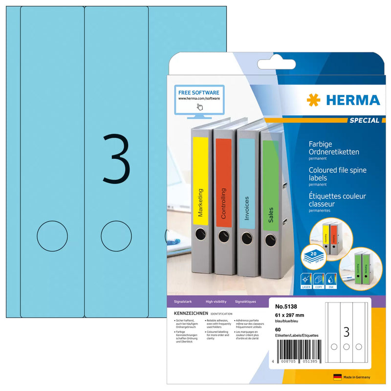 HERMA 5138 selvklæbende etiket Afrundet rektangel Permanent Blå 60 stk