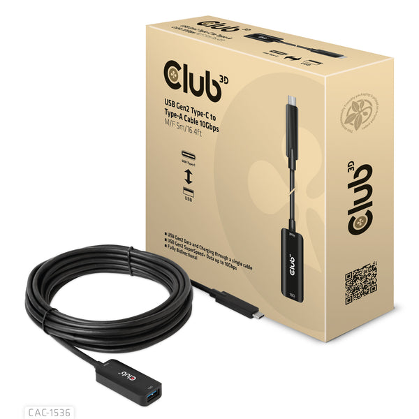 CLUB3D CAC-1536 USB-kabel USB 3.2 Gen 2 (3.1 Gen 2) 5 m USB C USB A 10 Gbit/sek. Sort