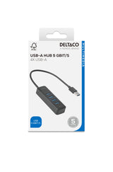 Deltaco USB-A hub, 5 Gbit/s, 4x USB-A, slim, black