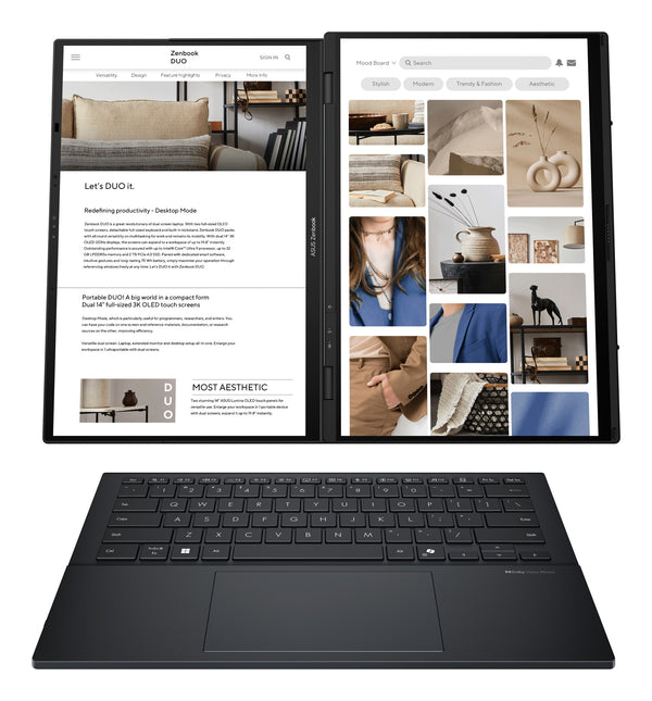 ASUS Zenbook Duo UX8406CA-QL194W Intel Core Ultra 9 285H Hybrid (2-i-1) 35,6 cm (14") Berøringsskærm WUXGA 32 GB LPDDR5x-SDRAM 1 TB SSD Wi-Fi 7 (802.11be) Windows 11 Home Tysk Grå