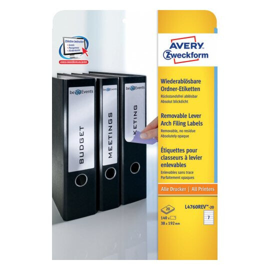 Avery L4760REV-20 selvklæbende etiket Afrundet rektangel Aftagelig Hvid 140 stk