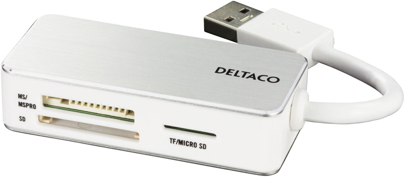 Deltaco USB-A kortlæser, 3 rum, understøtter SDHC, microSD, TF, MS PRO/DUO