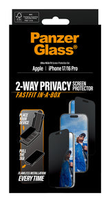 PanzerGlass ® 2-Way Privacy Skærmbeskyttelse iPhone 17 | iPhone 16 Pro | Ultra-Wide Fit m. Fastfit in-a-box