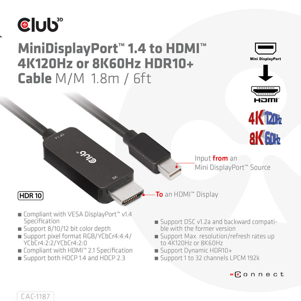 CLUB3D CAC-1187 videokabel adapter 1,8 m Mini DisplayPort HDMI Sort