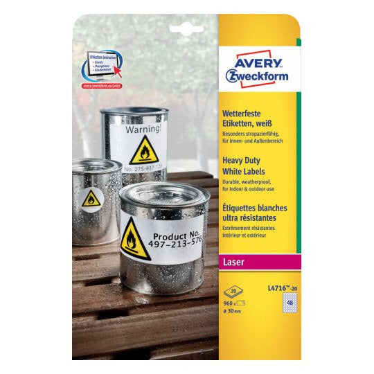Avery L4716-20 selvklæbende etiket Cirkel Permanent Hvid 960 stk