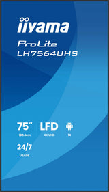 iiyama LH7564UHS-B1AG skilte display Digital fladpaneldisplay 190,5 cm (75") Wi-Fi 500 cd/m² 4K Ultra HD Sort Indbygget processer Android 24/7