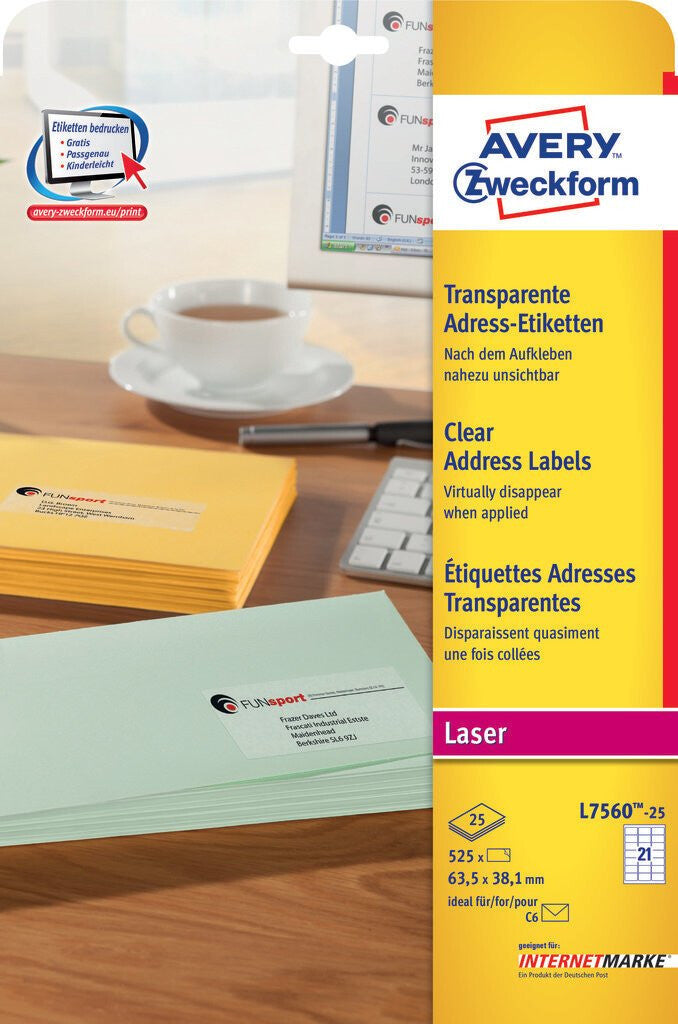 Avery L7560-25 selvklæbende etiket Afrundet rektangel Permanent Transparent 525 stk