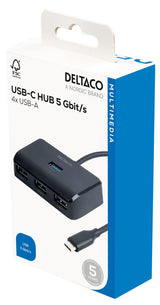 Deltaco USB-C hub med 4 USB-A porte, 5 Gbit/s, ekstra strømindgang, sort