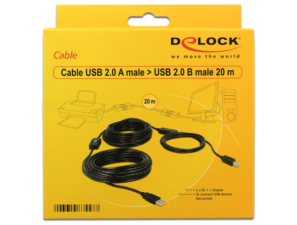DeLOCK 20m, USB2.0-A - USB2.0-B USB-kabel USB A USB B 0,48 Gbit/sek. Sort