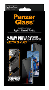 PanzerGlass ® 2-Way Privacy Skærmbeskyttelse iPhone 17 Pro Max | Ultra-Wide Fit m. Fastfit in-a-box